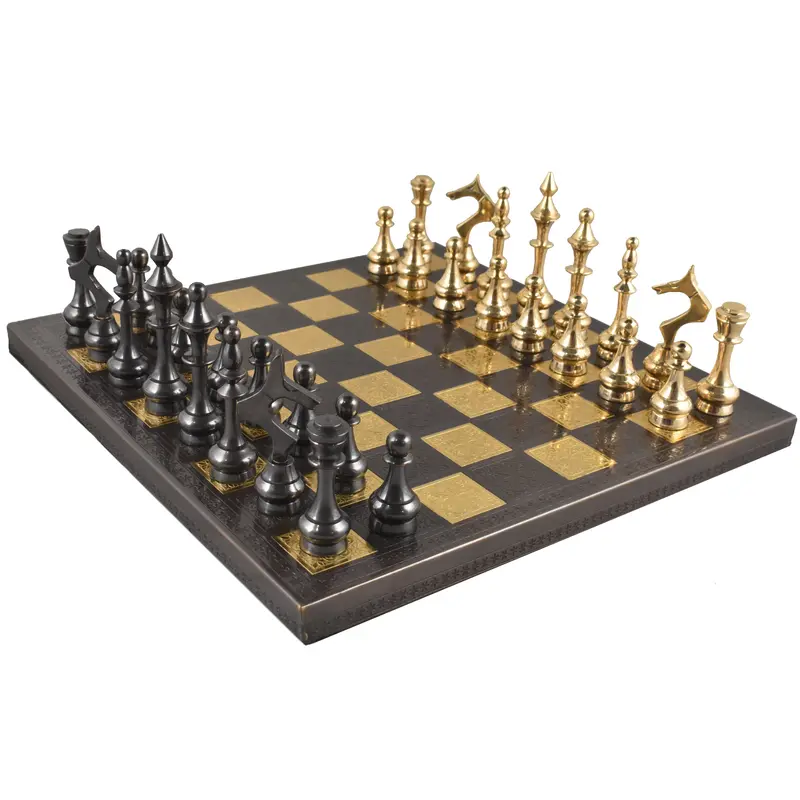 12-Inch Soviet-Style Brass Chess Set – Steel Grey & Gold Finish 1