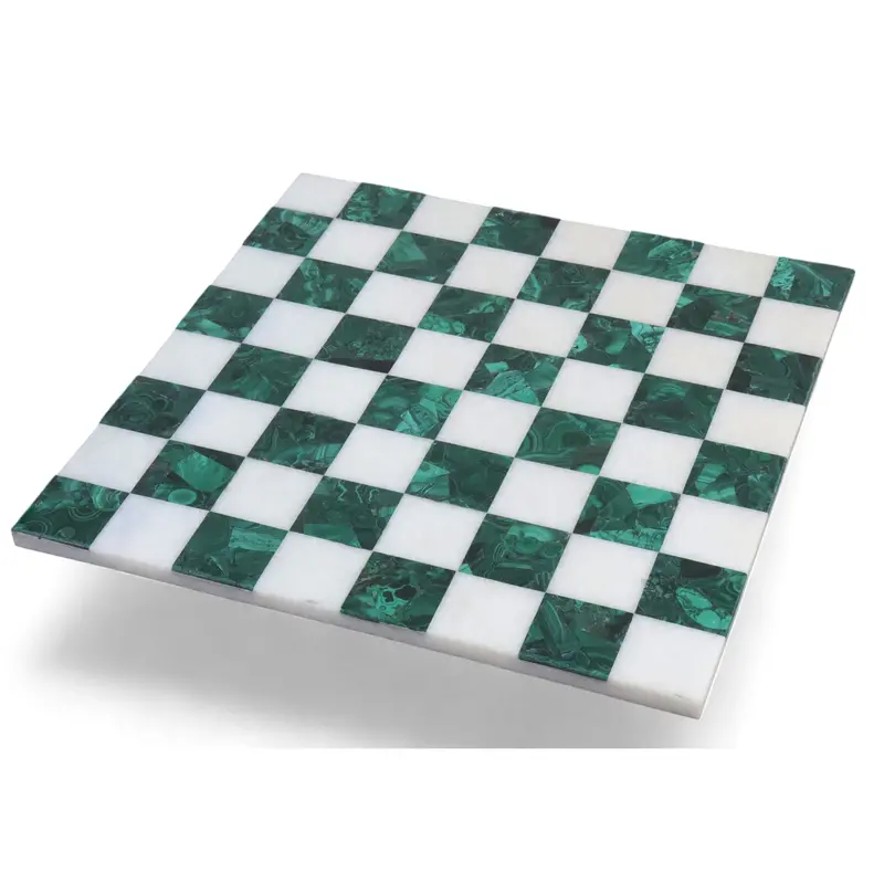 15" Borderless Solid Malachite Chess Board – Natural Green & White Semi-Precious Stone 1