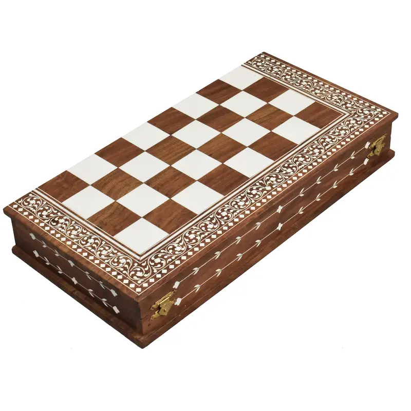 15-Inch Artisanal Folding Chess Board – Inlaid Golden Rosewood And Faux Ivory 1