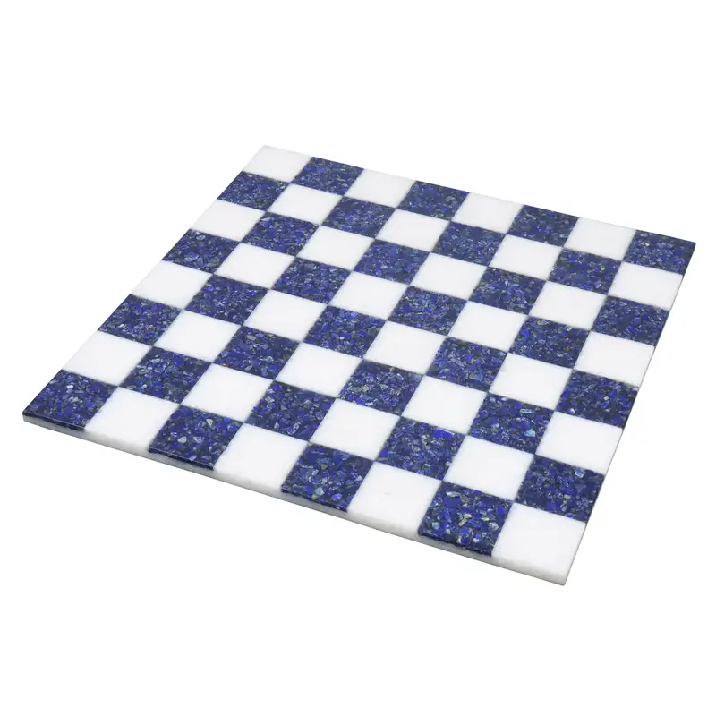 15-Inch Borderless Lapis Lazuli & White Marble Chessboard – Deep Blue Luxury 1
