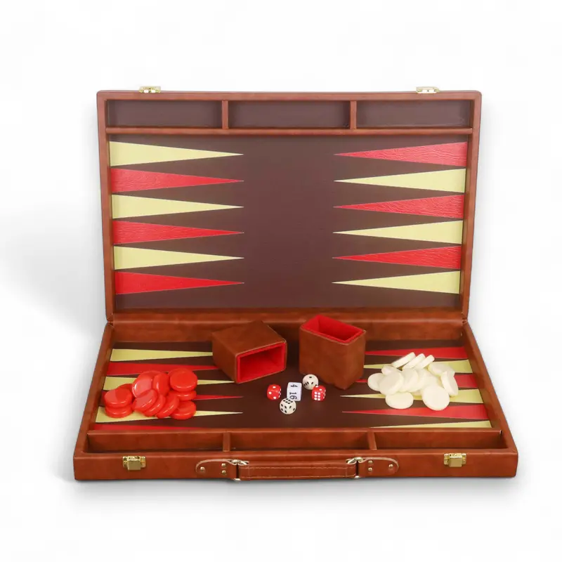 18-Inch Cognac Leatherette Backgammon Set – Elegant Briefcase-Style Travel Game 1