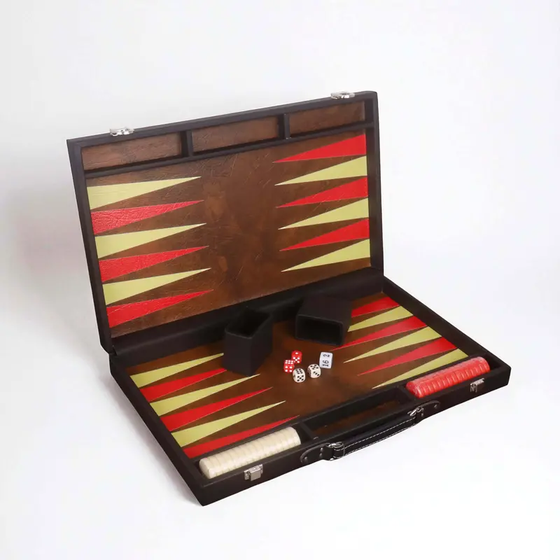 18-Inch Luxury Leatherette Backgammon Set – Cognac Brown Briefcase Style With Red & Brown Inlay 1