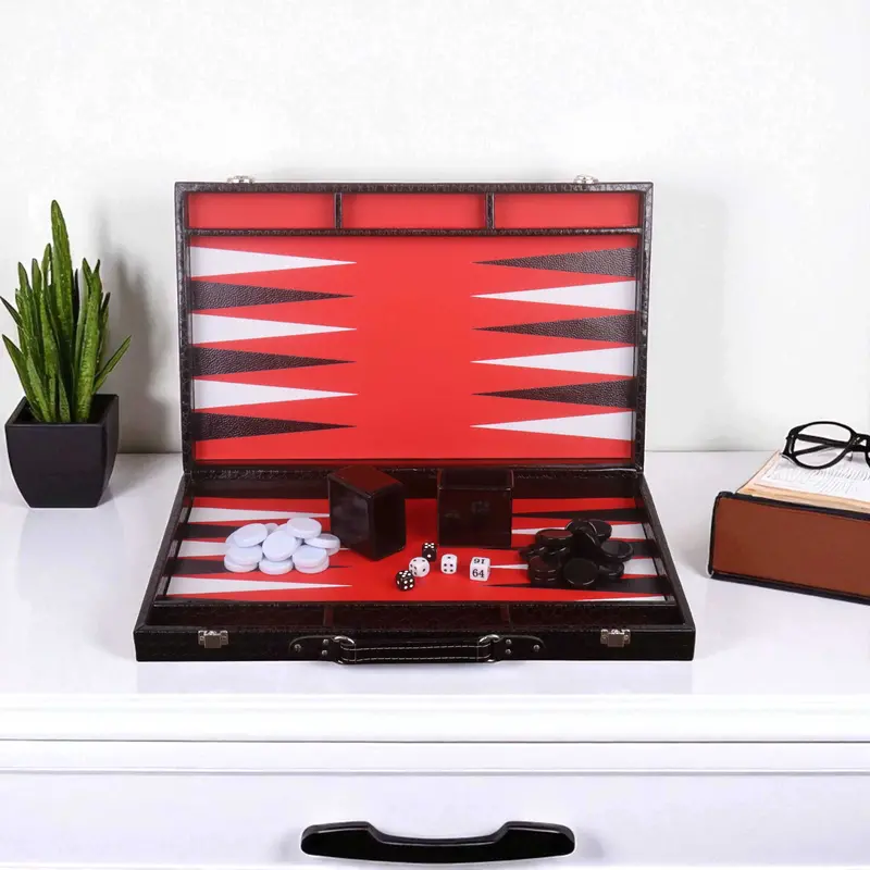 18-Inch Red-And-White Leatherette Backgammon Set – Portable Briefcase Design 1