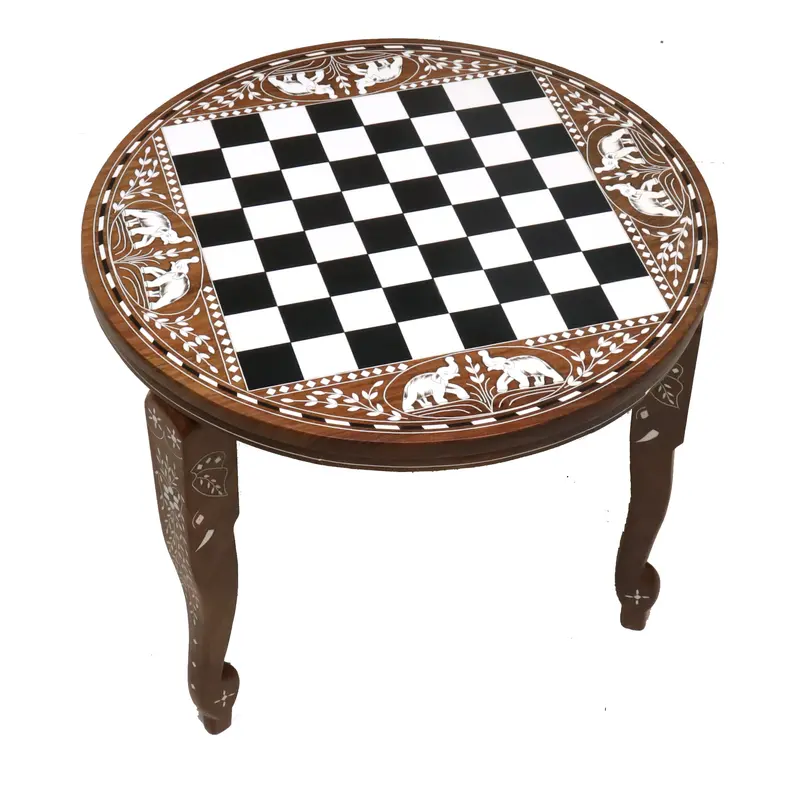 20-Inch Round Golden Rosewood Chess Table – Acrylic Ivory Inlay, 17.75-Inch Height 1