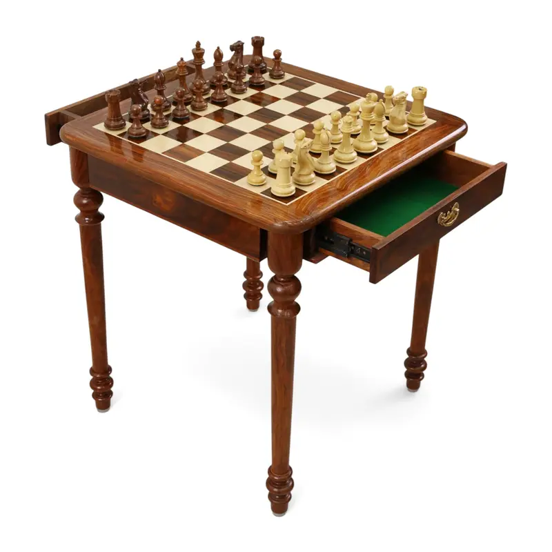 22-Inch Tournament Chess Table + 4.1-Inch Pro Staunton Golden Rosewood Pieces – Full Set With Drawers 1