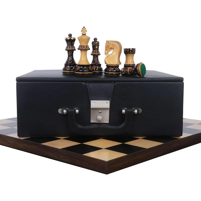 3.75-Inch Burnt Zagreb Artisan Chess Set – Borderless Board & Leatherette Coffer 1