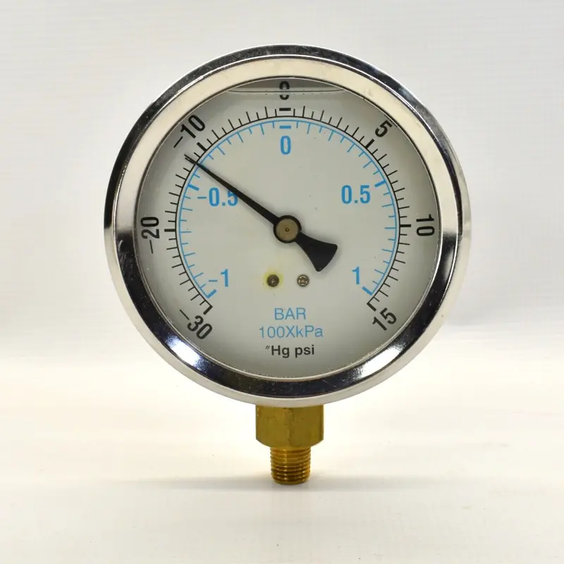 4" Liquid-Filled Pressure Gauge – Brass Case, -30 To 15 Psi Range, 1/4" Npt Bottom Connection 1