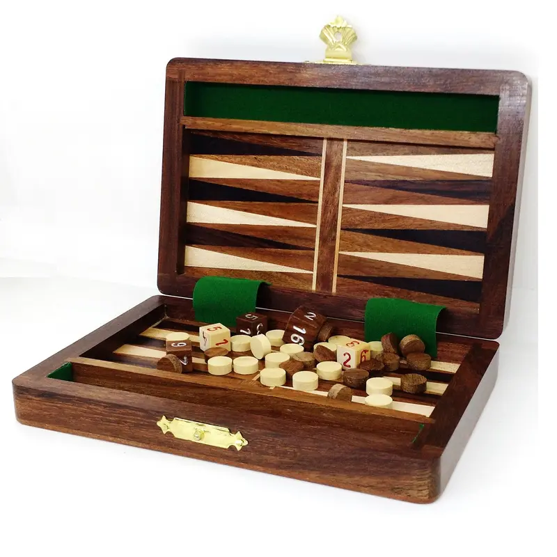 6" Folding Wooden Travel Backgammon Set With Playing Pieces 1