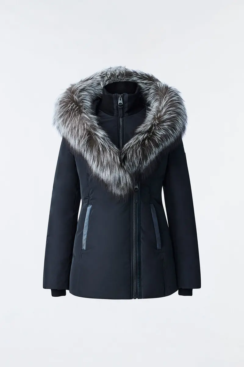 Adali Silver Fox Fur-Trimmed Down Coat With Mackage Signature Collar – Black 1