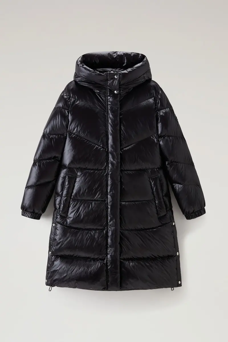 Aliquippa Glossy Nylon Long Down Jacket – Black 1