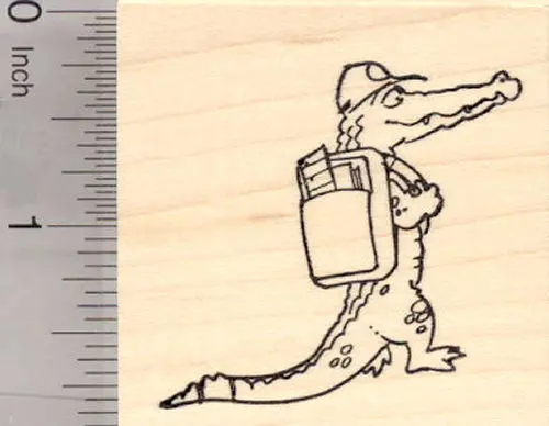 Alligator With Backpack Rubber Stamp – Back-To-School Animal Theme 1