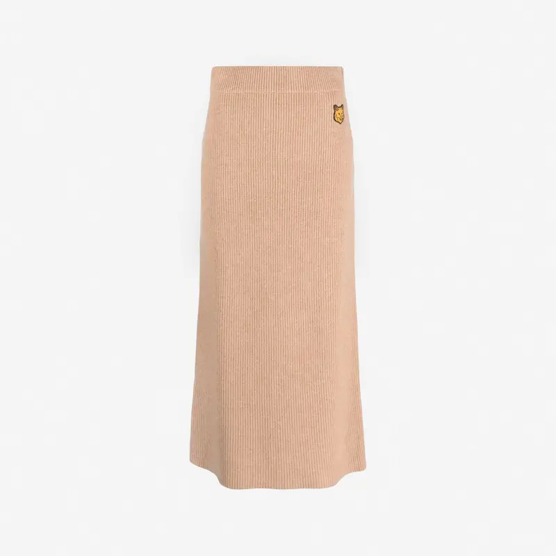 Beige Melange Long Ribbed Skirt With Tonal Fox Patch 1