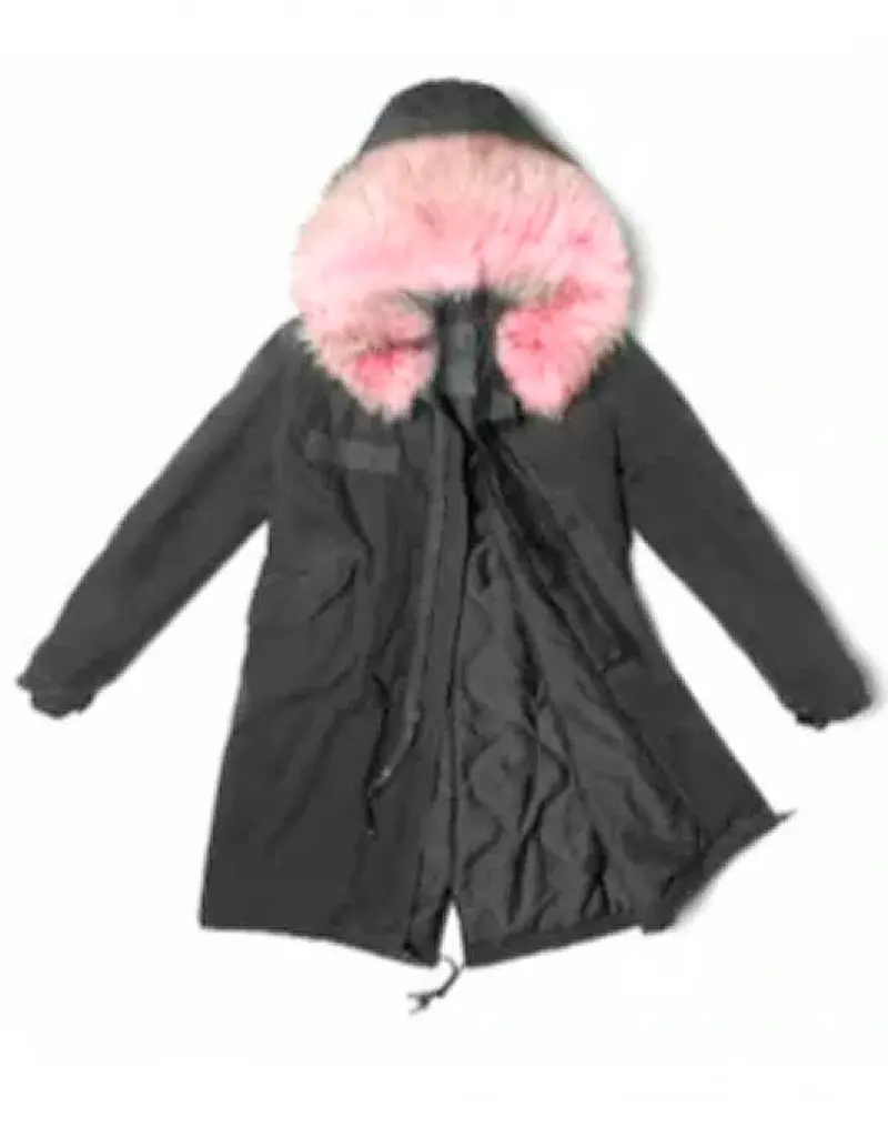 Black Quilted Parka With Pink Fur Trim 1
