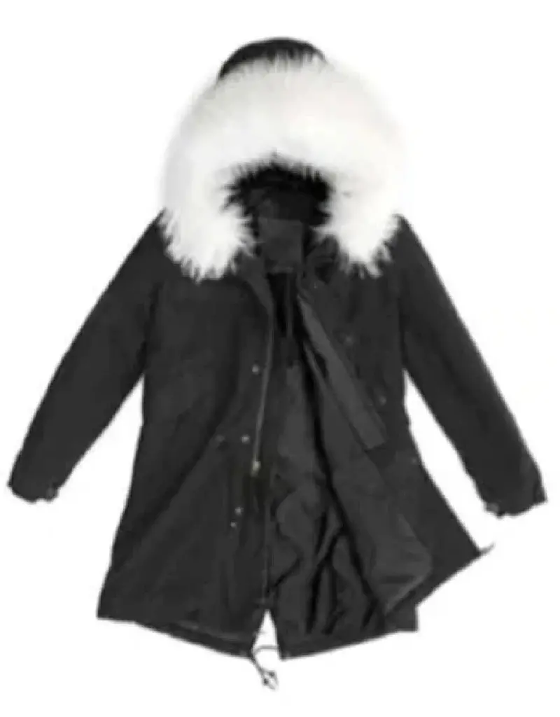 Black Quilted Parka With White Fur Collar 1