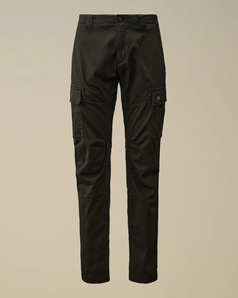 Black Stretch Sateen Ergonomic Cargo Pants For Men 1