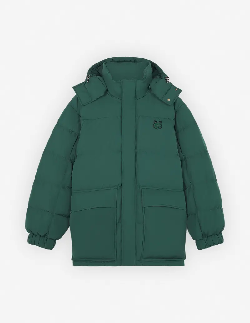 Bottle Green Nylon Hooded Puffer Jacket Featuring Statement Fox Head Patch 1