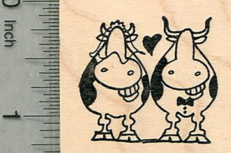 Bride And Groom Cows Rubber Stamp – 'Just Married' Humorous Illustration 1