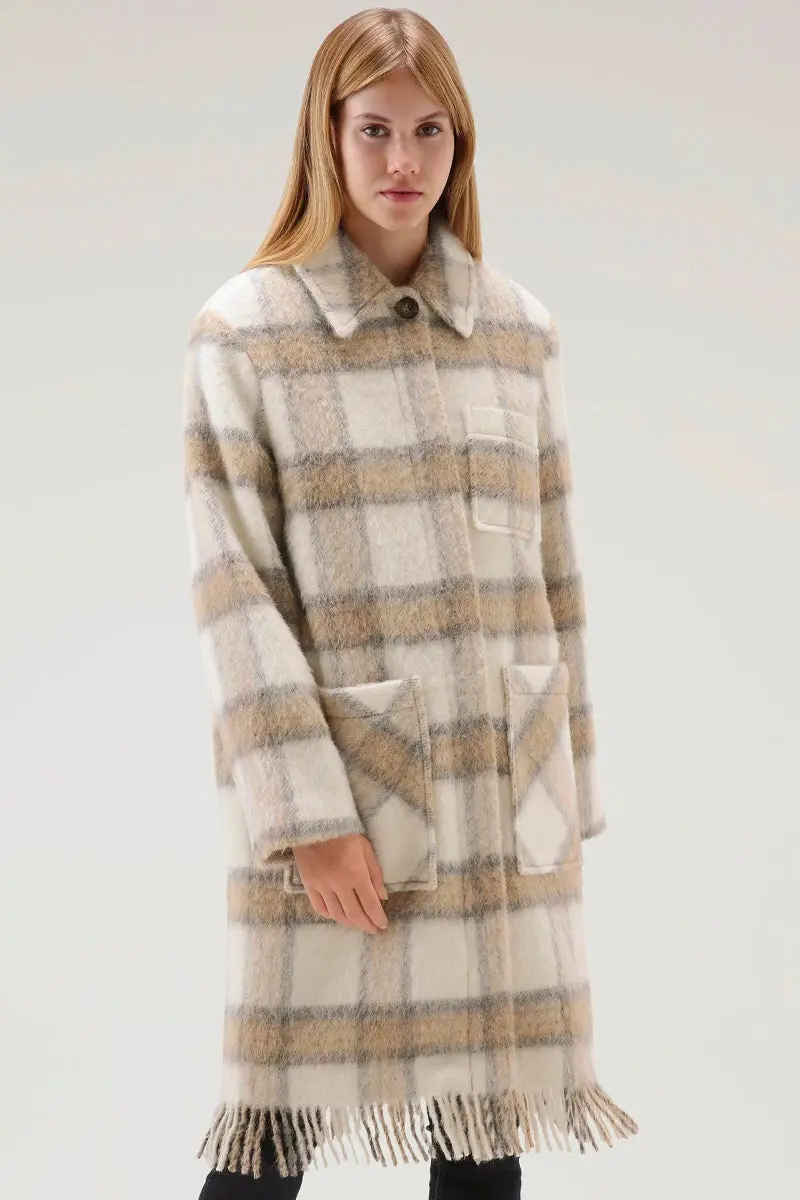 Brushed Wool Cream-Check Overshirt With Fringe Detail 1