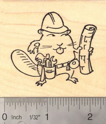 Builder Beaver Construction Rubber Stamp With Tools & Blueprints 1
