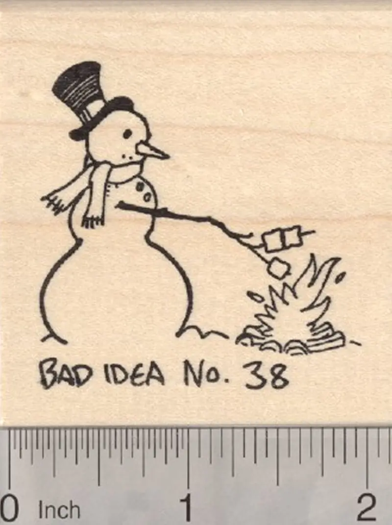 Campfire Snowman Rubber Stamp Toasting Marshmallows – ‘Bad Idea No. 38’ 1