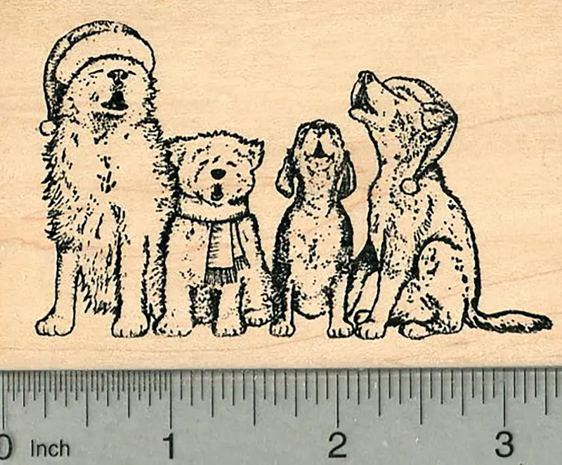 Caroling Hounds Stamp – Christmas Dog Choir Illustration 1
