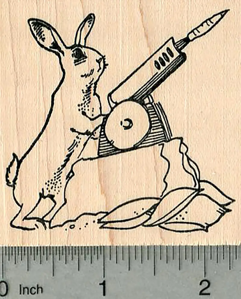 Carrot-Launching Rabbit Stamp – Whimsical Easter Character 1