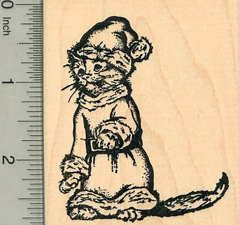 Cat In Full Santa Suit Rubber Stamp – Whimsical Feline Christmas Art 1