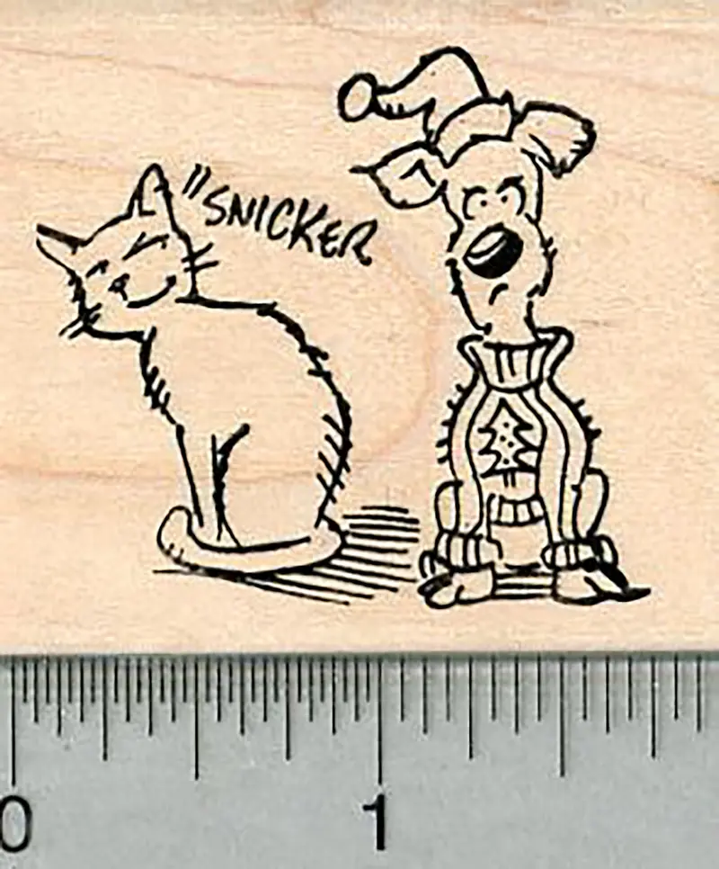Cat Mocking Dog Christmas Sweater Rubber Stamp 1