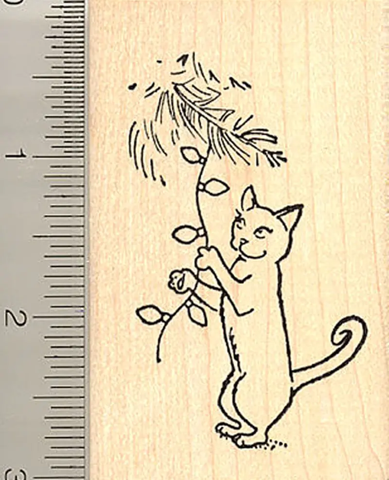 Cat Wrapped In Twinkling Christmas Lights Rubber Stamp 1