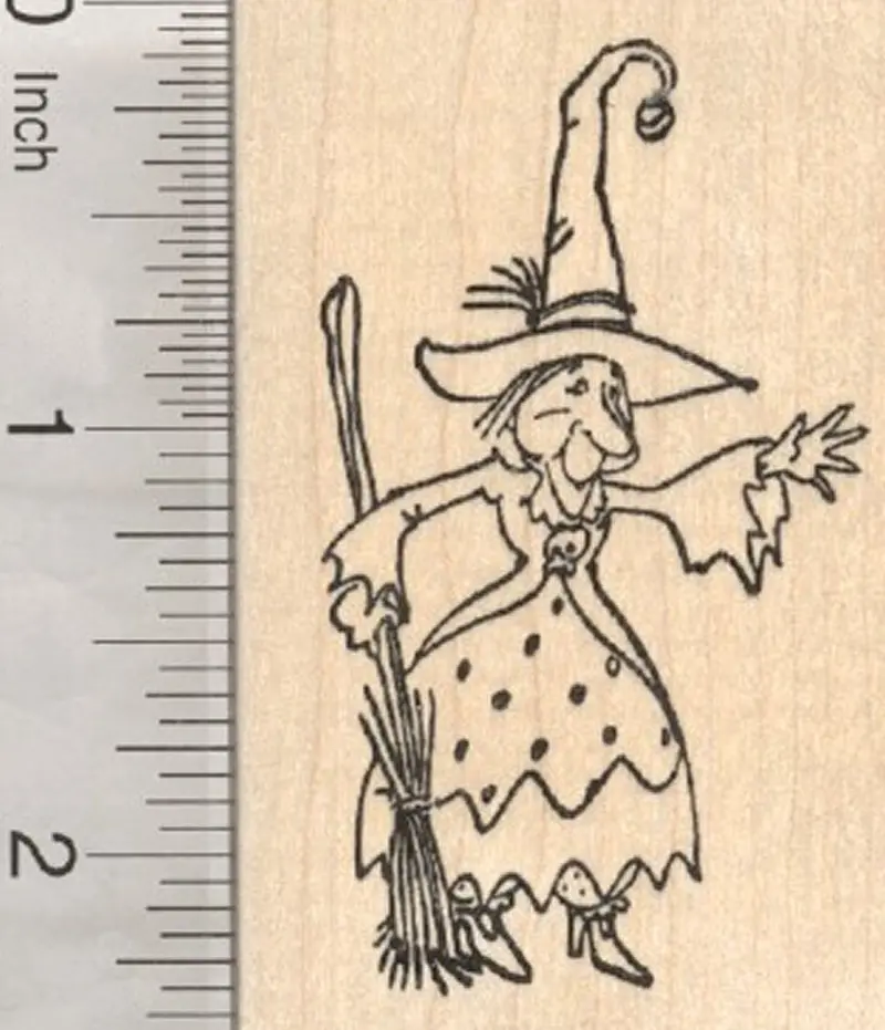 Classic Halloween Rubber Stamp: Witch With Broom And Hat 1