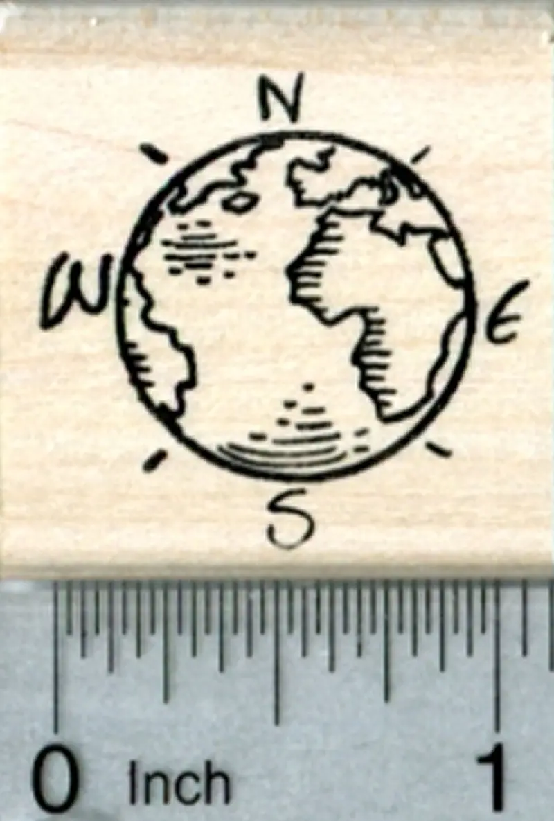 Compass Rose Globe Rubber Stamp – Cardinal Directions Marked 1