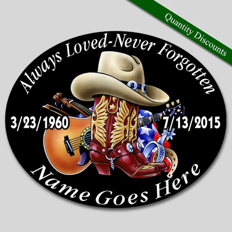 Country Music Memorial Vinyl Decal – Oval 'Always Loved, Never Forgotten' Design With Cowboy Hat, Boots & Guitar 1