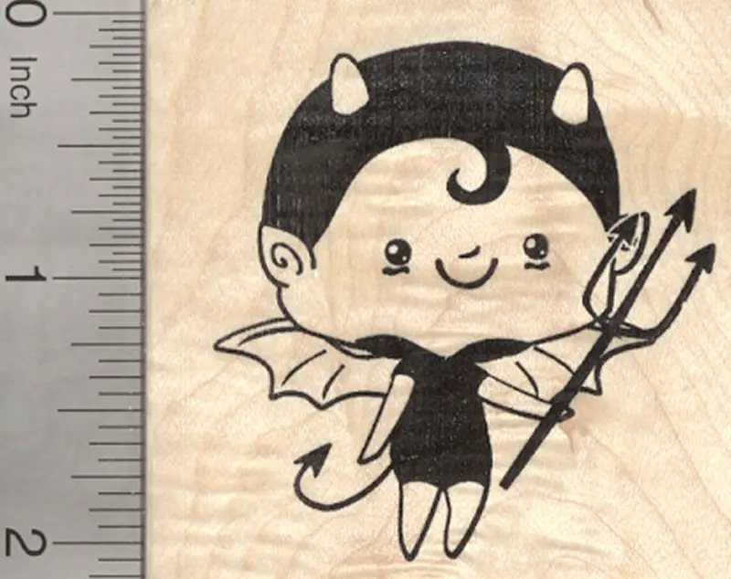 Devil Halloween Rubber Stamp Holding A Pitchfork – Playful Yet Fiery 1