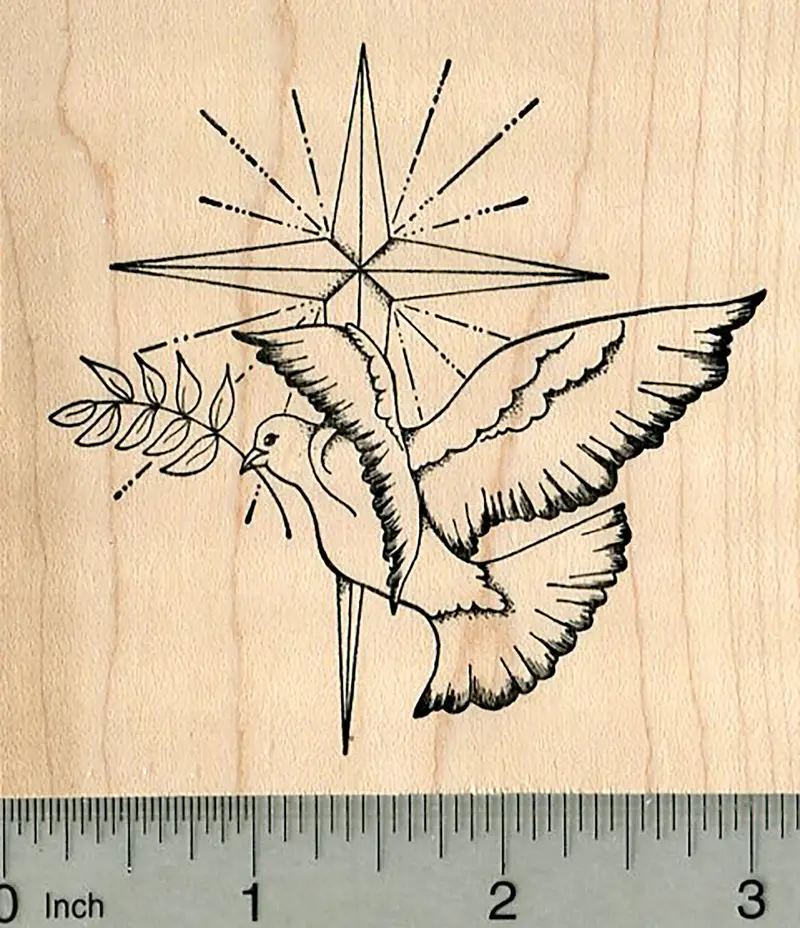 Dove Christmas Rubber Stamp – Christian Nativity-Inspired With Star & Olive Branch 1