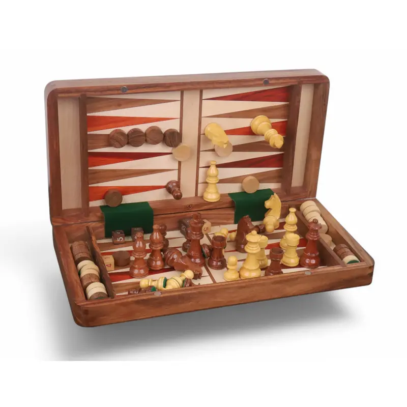 Dual-Function 14" Magnetic Travel Set – Chess & Backgammon In Golden & Bud Rosewood 1