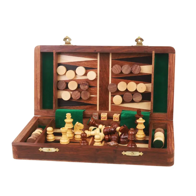 Dual-Game Magnetic Travel Set – 10" Chess & Backgammon In Golden Rosewood 1
