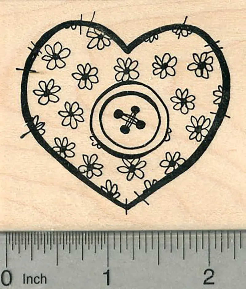 Floral Valentine Sewing Rubber Stamp With Single Button Detail 1
