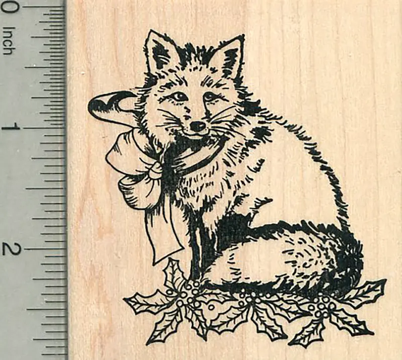 Fox Christmas Rubber Stamp – Elegant Winter Forest Holiday Design 1
