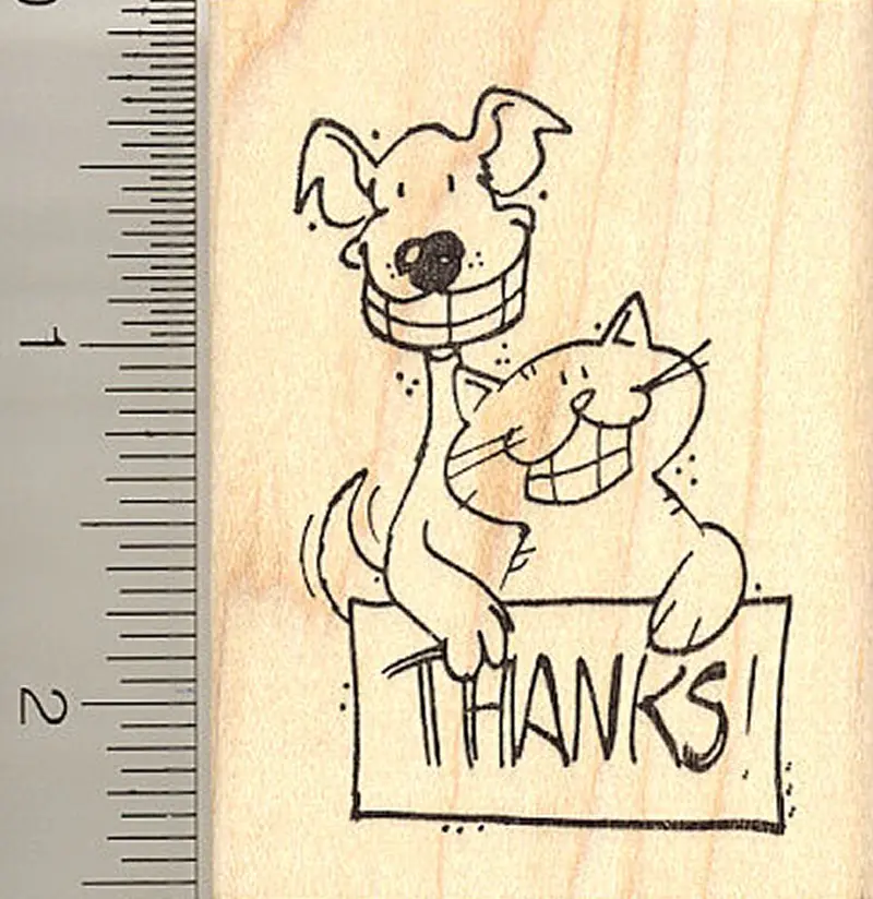 Friendly Dog And Cat Duo 'Thank You' Rubber Stamp 1