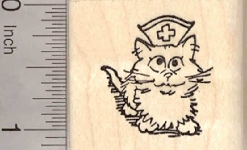 'Get Well' Cat Rubber Stamp – Kitten Nurse With Care Symbolism 1