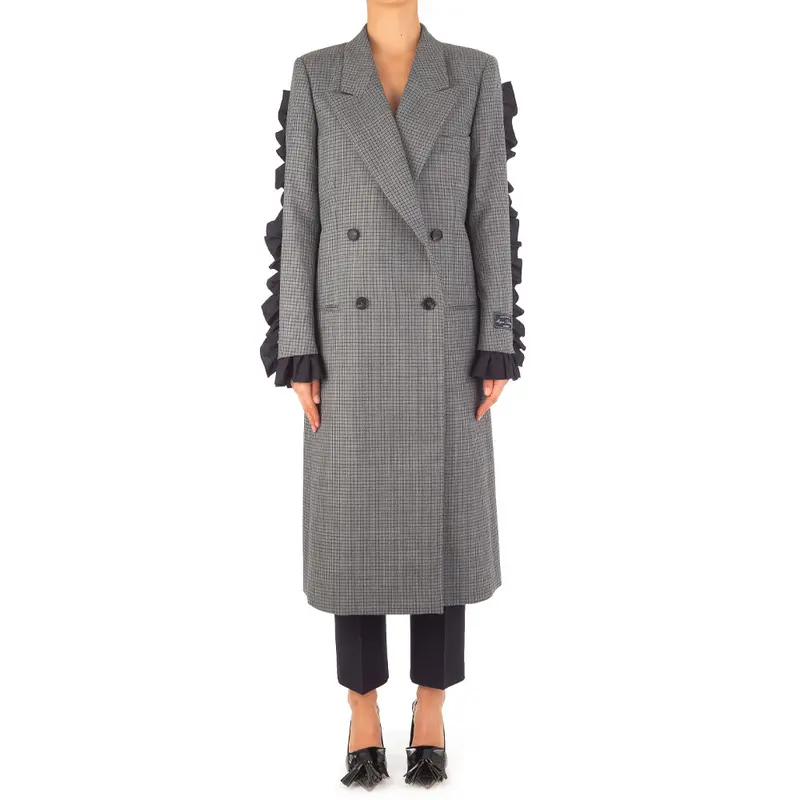 Grey Microcheck Wool Oversized Coat For Women 1