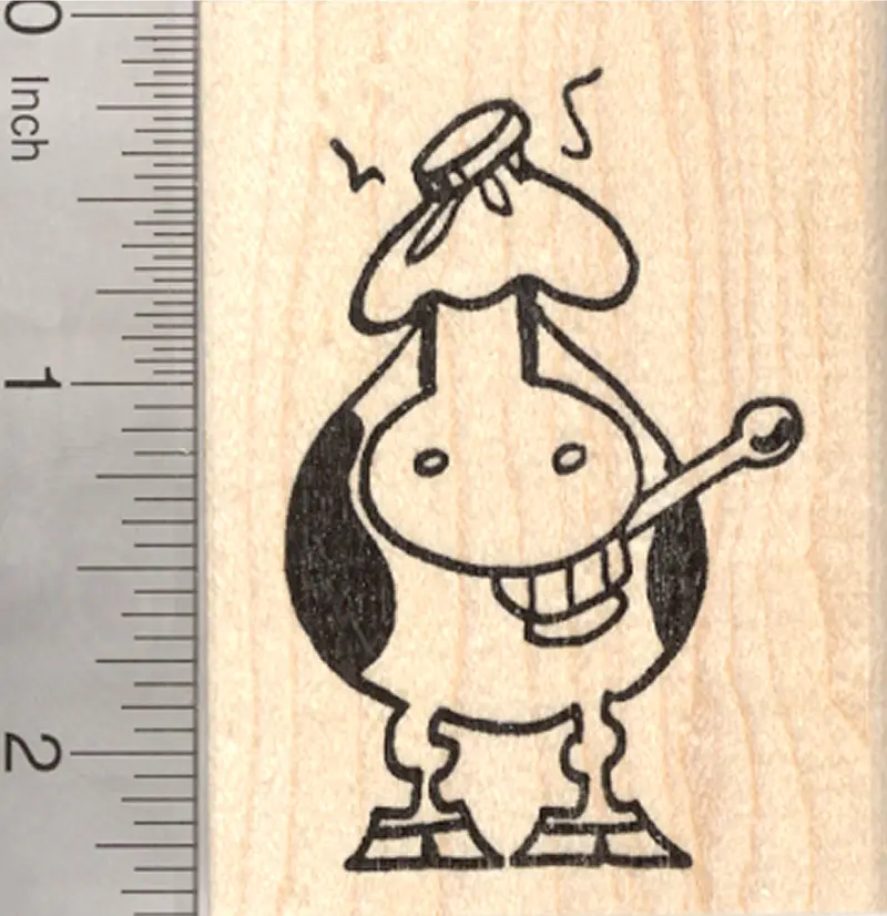 Grinning Cow Get-Well Rubber Stamp Featuring Thermometer, Large Size 1
