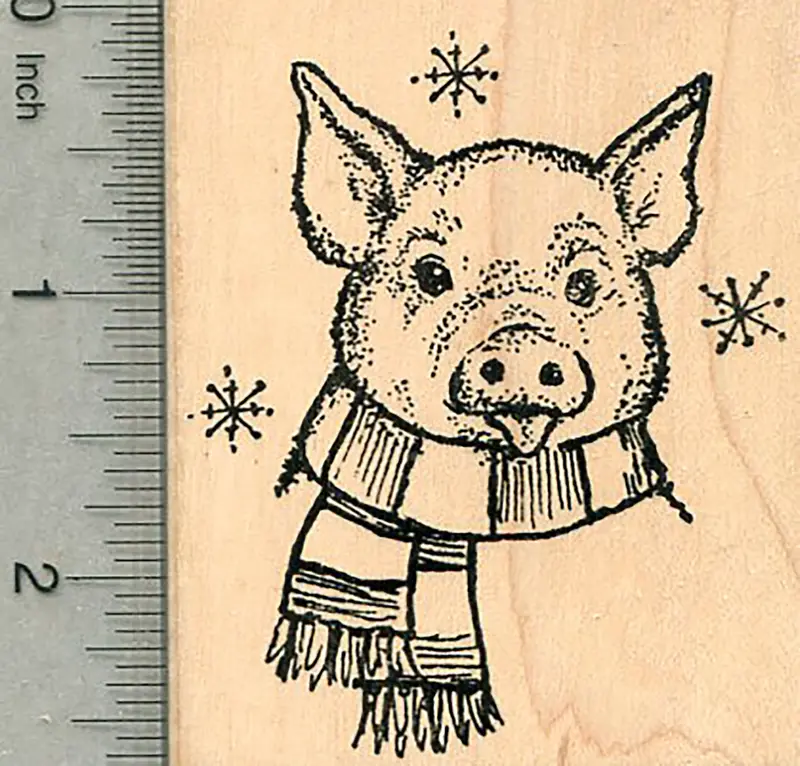 Holiday Pig Stamp – Playful Porcine Figure Enjoying Snow 1