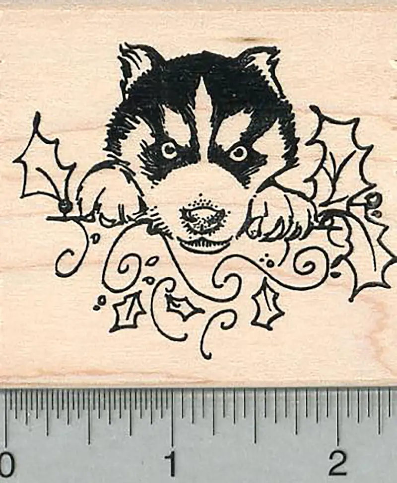 Husky Puppy With Holly – Christmas-Themed Rubber Stamp 1