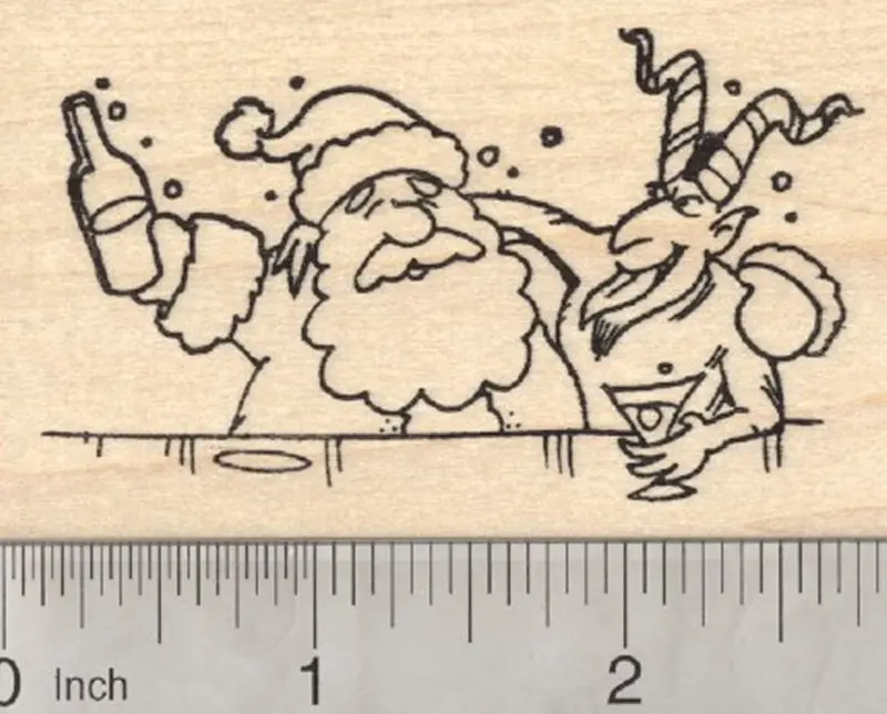 Krampus Christmas Rubber Stamp Featuring Festive Drink Scene With Santa 1