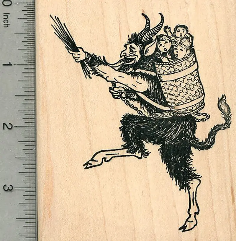 Krampus Rubber Stamp: Playful Scene With Naughty Children In Basket (Left-Facing) 1