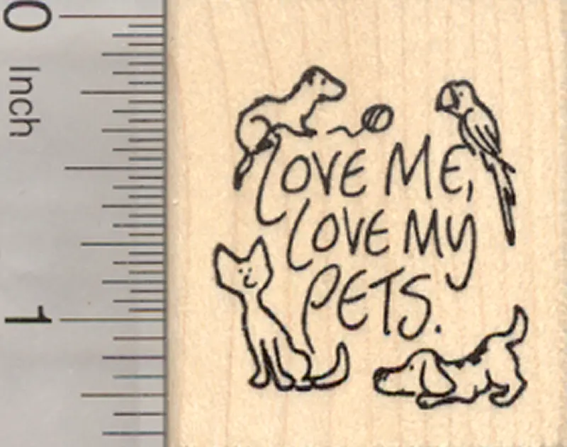 'Love My Pets' Rubber Stamp – Multi-Pet Collage Including Ferret, Parrot, Cat & Dog 1