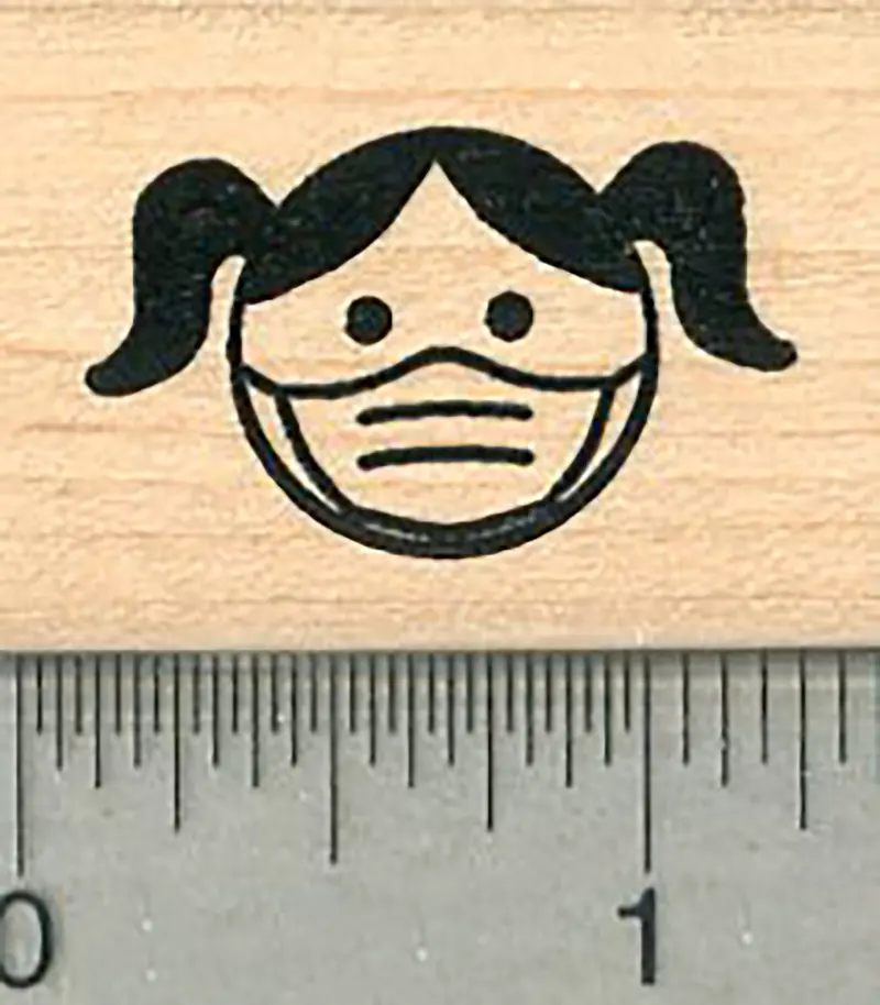 Masked Child Emoji Rubber Stamp – Pigtails And Face Covering 1