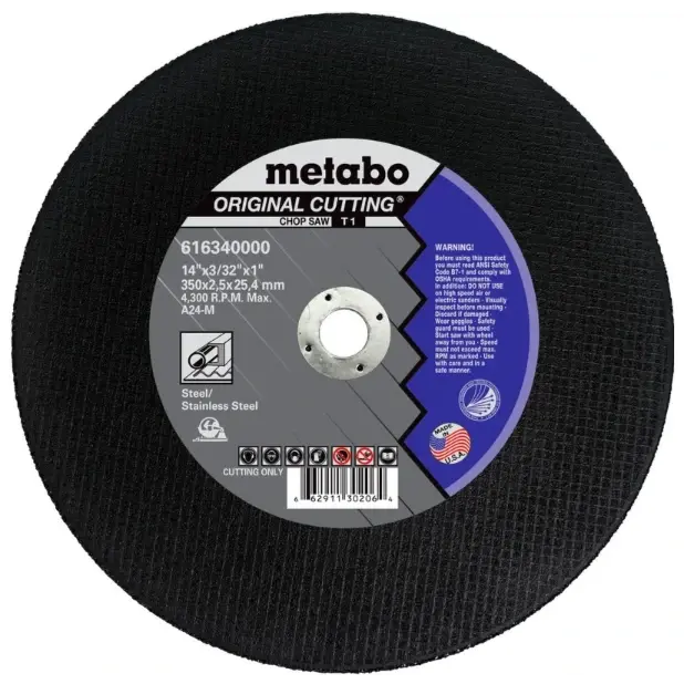 Metabo 616340000 14" X 3/32" X 1" Type 1 Cutting Wheel – A24M Aluminum Oxide 1