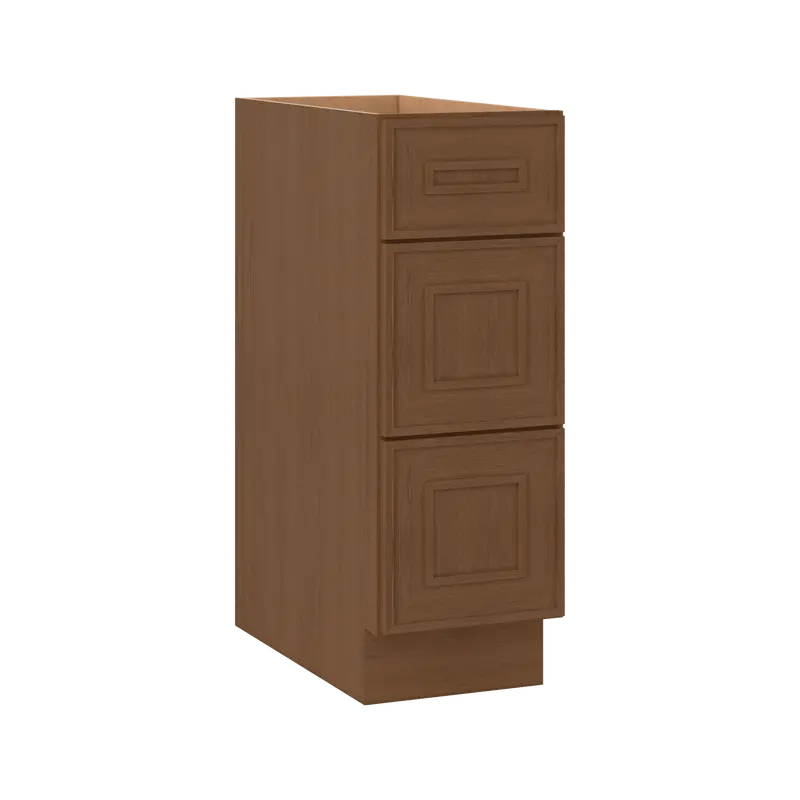 Mocha Elegant Oak Three-Drawer Base Cabinet – 12 To 30 Inch Widths, 1-1/4 Inch Overlay 1
